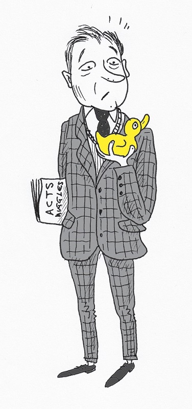 A cartoon illustration by John Levers of Arthur Weasley, a middle-aged man in a checked suit, holding a rubber duck, looking perplexed
